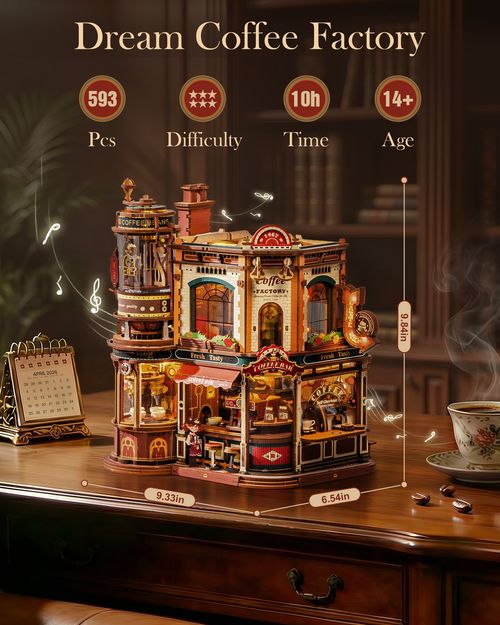 ROKR Dream Coffee Factory 3D Puzzle Building Toys Music Box Wooden Kids Gift — image 7