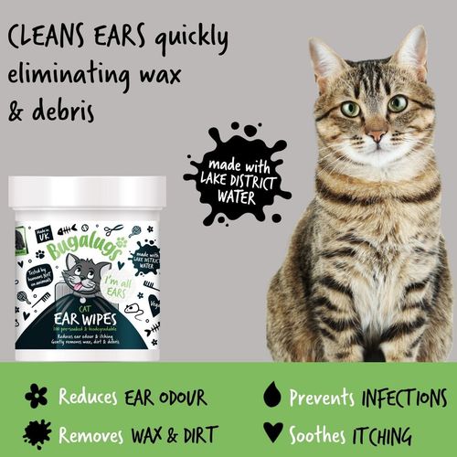 BUGALUGS Cat Ear Cleaner Cat Wipes 100 Biodegradable Stops Head Shaking, Itching — image 2