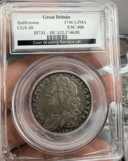 1746 George II LIMA HALF CROWN, Laureate Head Silver Coin - Cgs30/XF40 