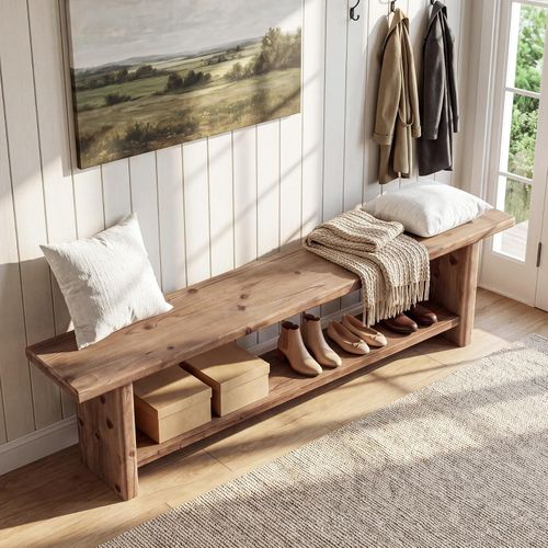 70.87” Farmhouse Solid Wood Entryway Bench with Shoe Storage Shelf for Hallway — image 3