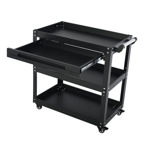 3-Tier Workshop Tool Trolley Cart with Drawer, Steel Garage Storage Cart, Black — image 2