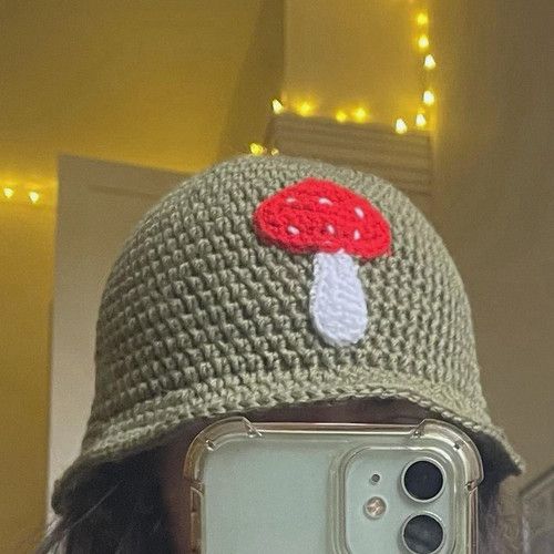 Women’s Olive Green Solid Crochet Bucket Hat Mushroom Patch One Size Casual