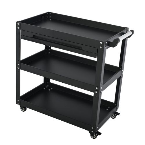 3-Tier Workshop Tool Trolley Cart with Drawer, Steel Garage Storage Cart, Black — image 19