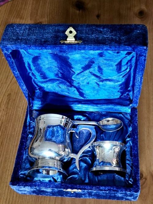 Vintage Silver-plated Christening set with Tankard, Spoon & Napkin Ring
