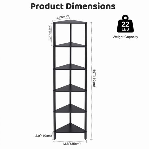 Corner Shelf with LED Light, 6-Tier Corner Bookshelf for Small Space - Black — image 2