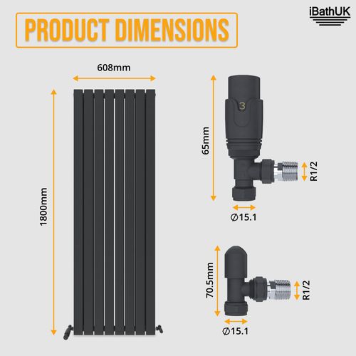 Radiator Vertical Designer Flat Double Angled Valve Anthracite Panel 1800x608mm — image 7