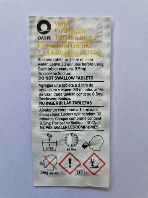100  OASIS WATER PURIFICATION TABLETS 8.5mg BRITISH PURIFYING TRAVEL EXP 2030 — image 1