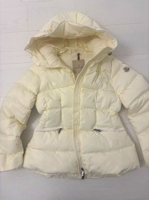 Moncler womens Cream Hooded Down Puffer Jacket Size S Nylon Zip Logo