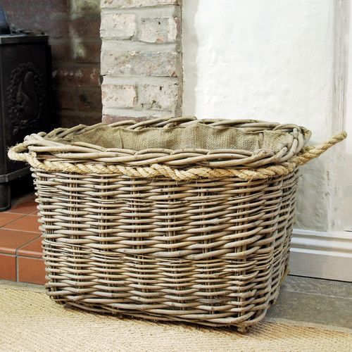 Classic Rectangular Willow Log Basket Hessian Lined Rope Handles