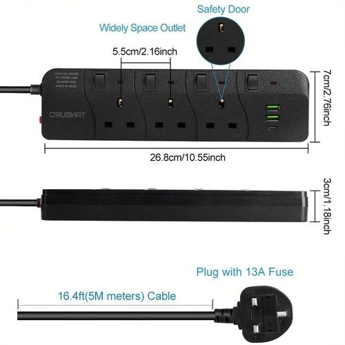 Surge Protected Extension Lead With 6 USB USB C 6Gang Way Power Cable UK Plug