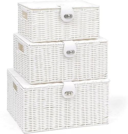 SET OF 3 RESIN WOVEN WICKER XMAS HAMPER BASKET STORAGE BOX WITH LID & LOCK GIFT