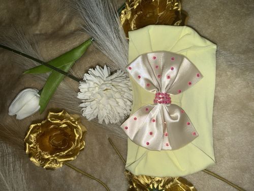 Baby Girls Yellow Fabric Headband Stretch One Size Pink/White Polka Dot Bow — image 2