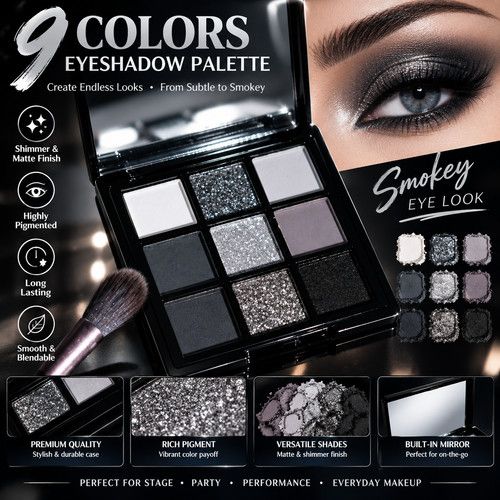 9 Colour Smoky Black Grey Eyeshadow Palette Matte Glitter Long Lasting Makeup