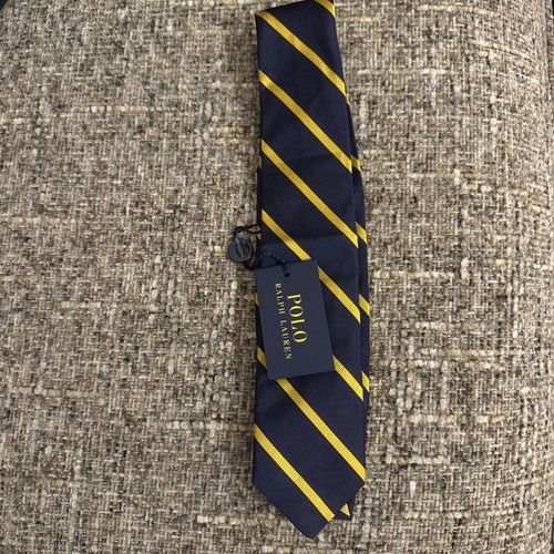 POLO RALPH LAUREN STRIPED 100% SILK REPP TIE MENS HAND MADE ITALY NAVY GOLD
