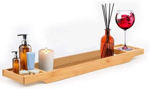 Bamboo Bath Caddy Tray Wooden Bathtub Bridge Shelf Rack Organizer Accessories