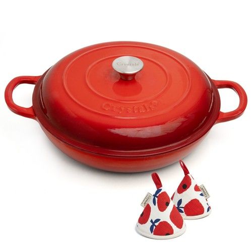Cast Iron Shallow Casserole Dish with Lid Hob to Oven 4 Litre Cherry Red