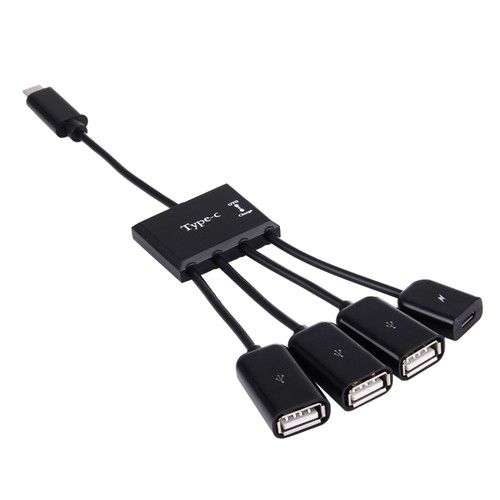 4-in-1 USB-C to 3-Port USB 2.0 OTG Hub with Micro USB Power, 20cm Cable