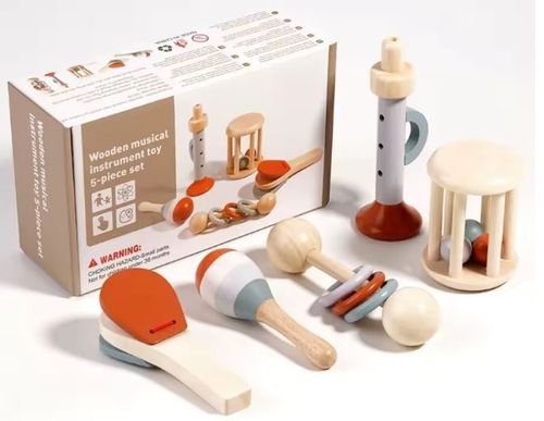 5pc Wooden Baby Musical Toy Set Sensory Rattle Teether Jingle Gift — image 4