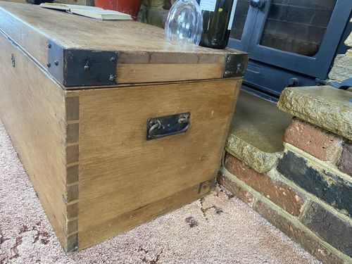 Old Antique Pine Chest, Vintage Wooden Storage Trunk, Blanket Box, Coffee Table. — image 3