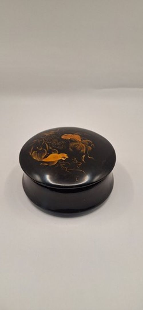 Vintage Japanese Lacquer Round Trinket Pot Box Gold Koi Karp