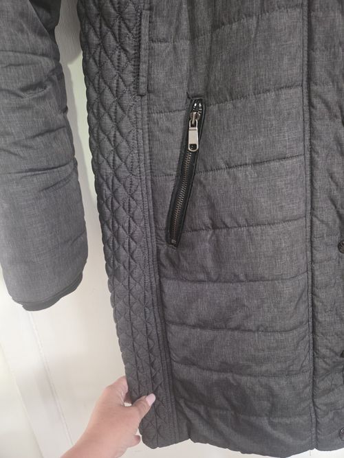 RJR John Rocha Womens Grey Hooded Puffer Coat Faux Fur Trim Zip Quilted Size 16 — image 5