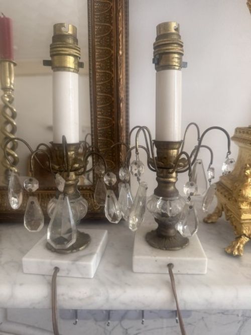 Vintage French-Style Brass & Crystal Girandole Table Lamps – Pair