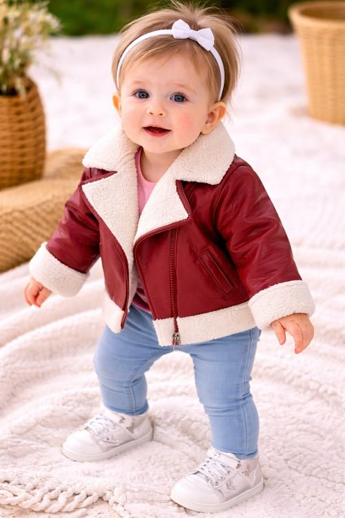 Jacket Baby Girl 6–9M Red Faux Leather Sherpa Lined Winter Coat — image 7