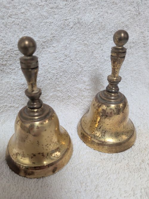 Pair Vintage Solid Brass Hand Bells Made In England School Dinner Call Lead — image 5