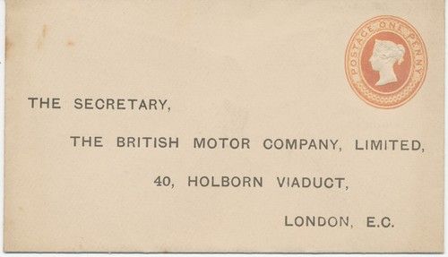 GB 1883 QV 1d pink undated stamp unused STO PS env BRITISH MOTOR COMPANY VARIETY