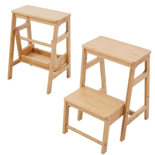 Folding Wooden Bamboo Step Stool Kitchen Ladder Chair Display Rack 3 in 1 Stool