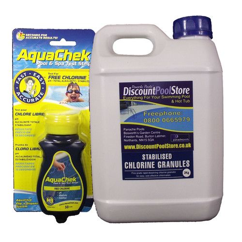 Stabilised Chlorine Granules 2 kg + 50 AquaChek Test Strips Pool Spa Hot Tub