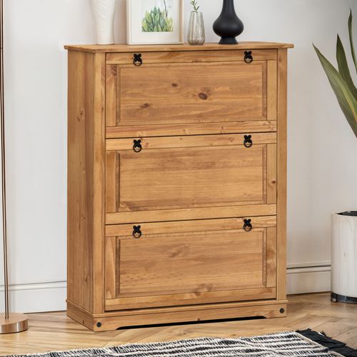 Corona Shoe Rack Chest 3 Shelf Cupboard Antique Wax Solid Wood Pine Wooden — image 2