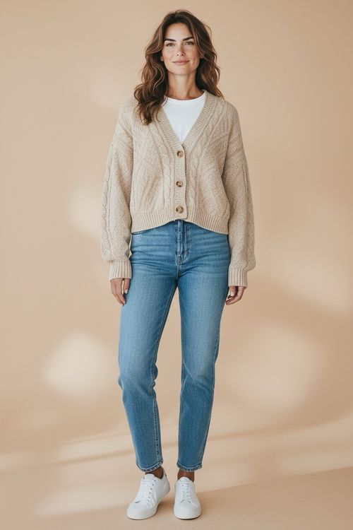 Beige Cable Knit Cropped Cardigan Button Up Chunky Knit V Neck UK M 10-12 New — image 4