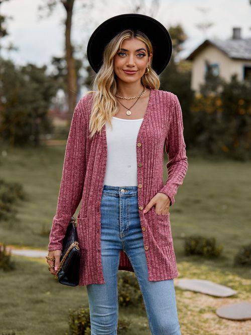 Ladies Knitted Coat Cardigan Buttons Up Long Sleeve Stretch Jumper Long Top SIZE — image 1