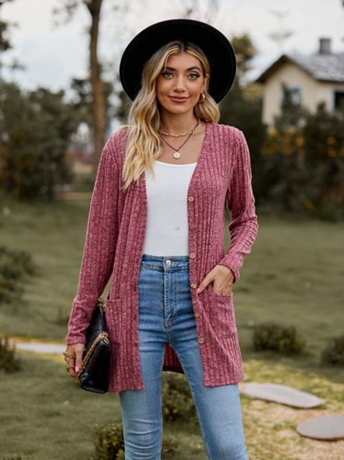 Ladies Knitted Coat Cardigan Buttons Up Long Sleeve Stretch Jumper Long Top SIZE