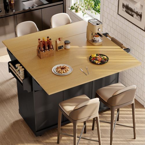 Kitchen Island on Wheels Rolling Storage Trolley with Extendable Worktop, Black — image 4