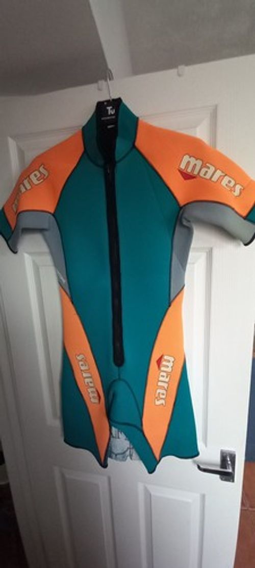 VGC Vintage Mares Tritone 3mm Shorty Wetsuit Size 3 Front Zip Teal/Orange
