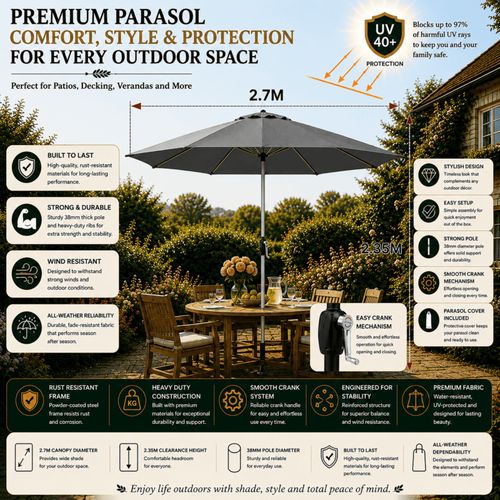 Garden Parasol Patio Table Umbrella Sun Shade Crank Handle Waterproof 2.7M — image 2