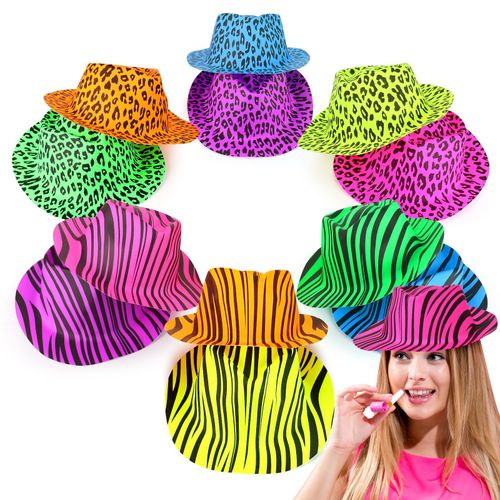 Neon Gangster Hats Party Fancy Dress Animal Print Hat 12 Pack Leopard Zebra — image 1