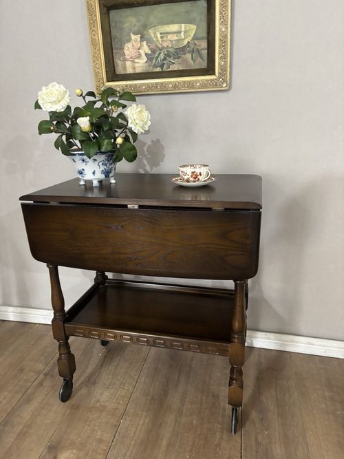 Beautiful Vintage Oak Drop Leaf Trolley With Drawer — image 5