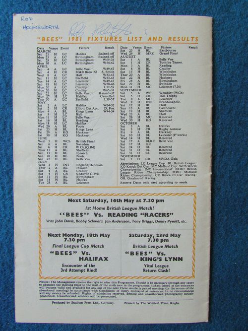 MULTI HAND SIGNED Coventry v Belle Vue Speedway Programme 11/5/81 by 3 Coventry  — image 2