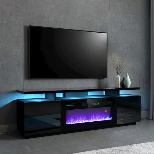 70inch Gloss Black TVs Stand Unit Cabinet with Electric Fireplace & 12 LED Light — image 7