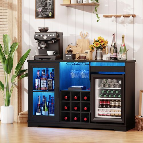Coffee Bar Cabinet with Fridge, 47" Buffet Sideboard with Wine Rack & LED Lights — image 9