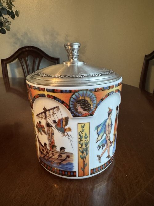 Schmidt Vintage German Ceramic Jar Pewter Handle Lid Greek Mythology 2005 9" — image 4