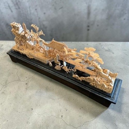 VINTAGE Chinese Hand Carved Cork Diorama Pagoda Landscape Glass Case Sculpture