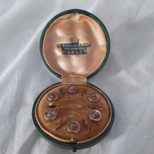 Cased Set of 6 Antique Art nouveau Glass Buttons. Gold plated rims.