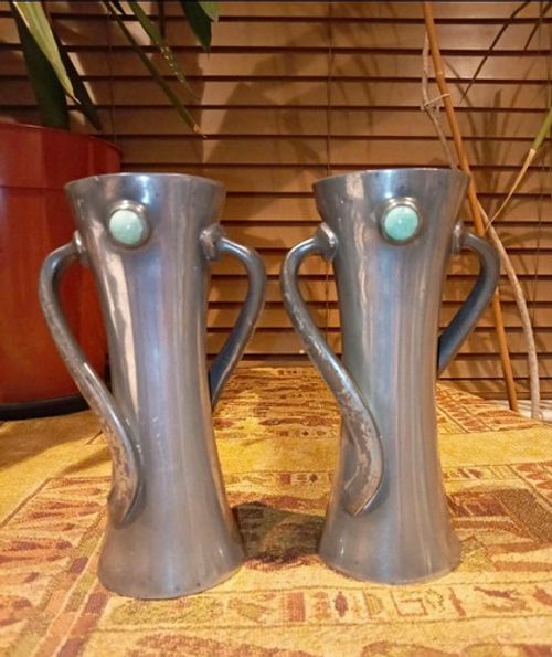 Tudric Pewter Art Nouveau Pair Vases/Urns Twin Handles Green Cabochon