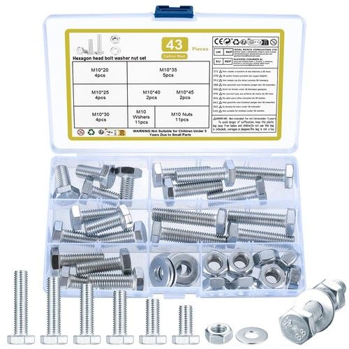 43 Pcs M10 Nuts and Bolts Set, Hex M10/White Zinc/42pcs, Silver