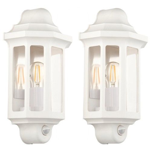 2x LAP Outdoor Half Lantern Wall Light With PIR Sensor Matt White IP44 LED