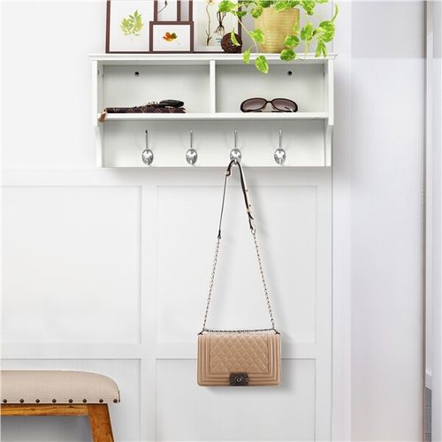 Wall-mounted Coat Rack Shelf Clothes Hooks With 2 Open Storage Shelves, White — image 5